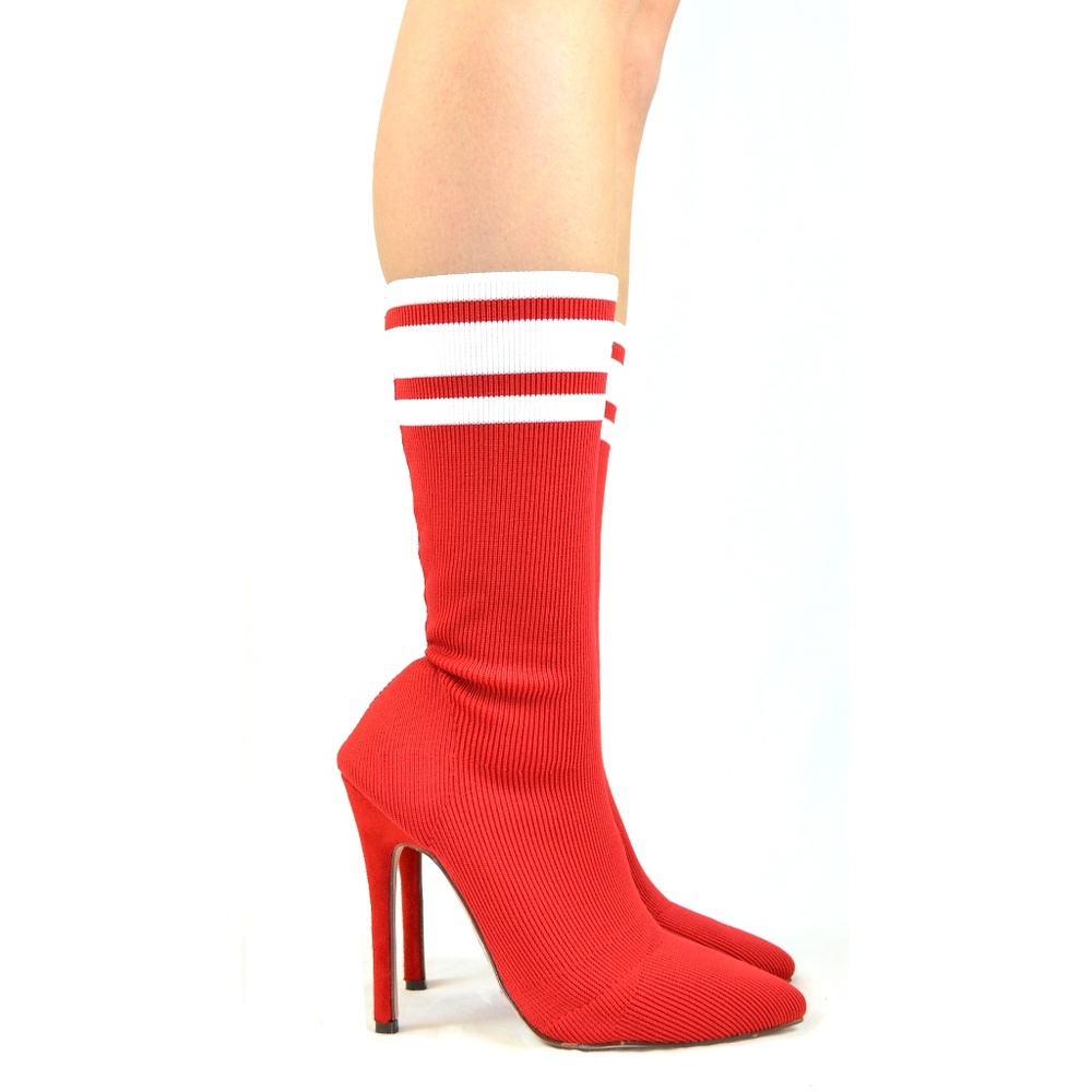 Red Pointy Toe Slim Heel Sock Boot